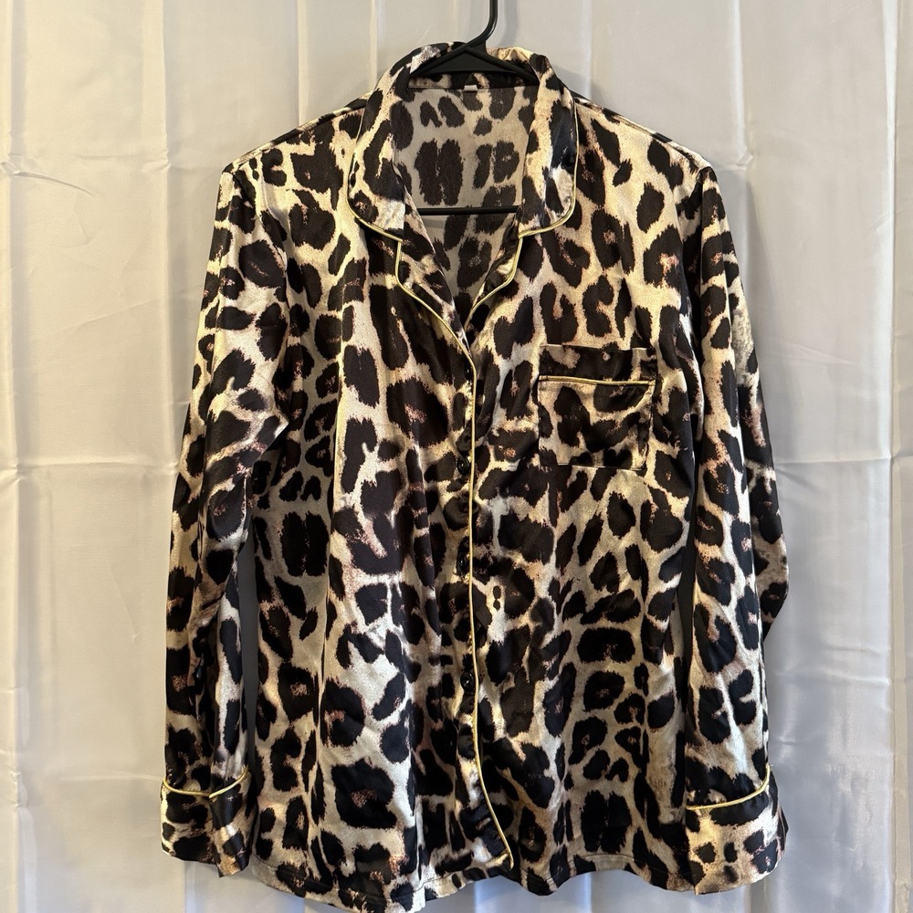 Womens Satin Pajamas L Animal Print Sleep Pants Shirt